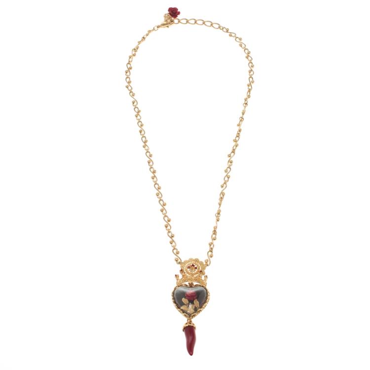 مملوكة مسبقًا Dolce and Gabbana Black Sacred Heart and Resin Rose Gold Tone Necklace