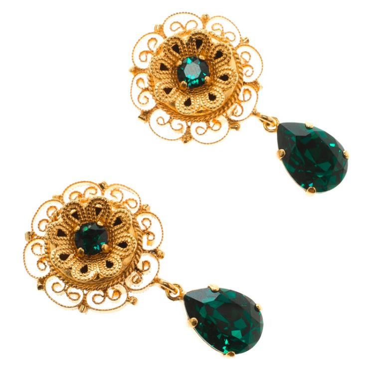 Pre Owned Dolce and Gabbana Green Crystal Filigree Floral Gold Tone Drop Earrings