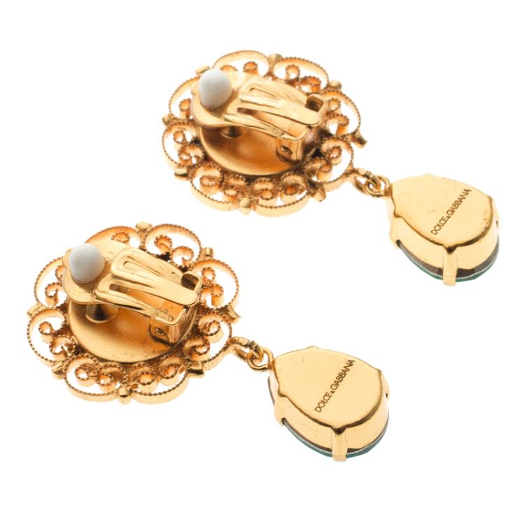 Pre Owned Dolce and Gabbana Green Crystal Filigree Floral Gold Tone Drop Earrings