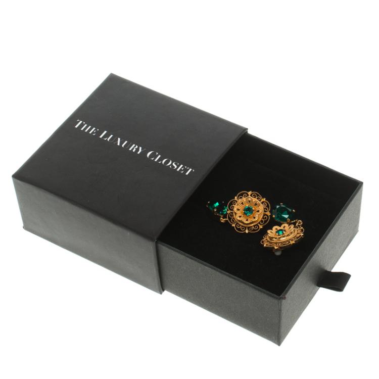 Pre Owned Dolce and Gabbana Green Crystal Filigree Floral Gold Tone Drop Earrings