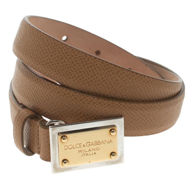 Pre Owned Dolce and Gabbana Brown Leather Logo Plaque Skinny Belt 80 CM