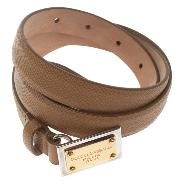Pre Owned Dolce and Gabbana Brown Leather Logo Plaque Skinny Belt 80 CM