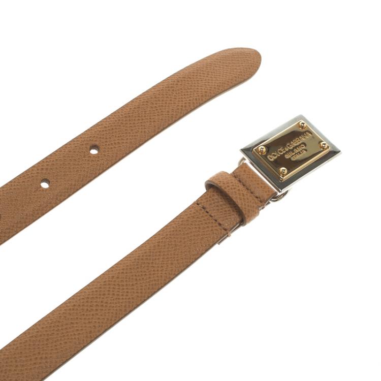 Pre Owned Dolce and Gabbana Brown Leather Logo Plaque Skinny Belt 80 CM