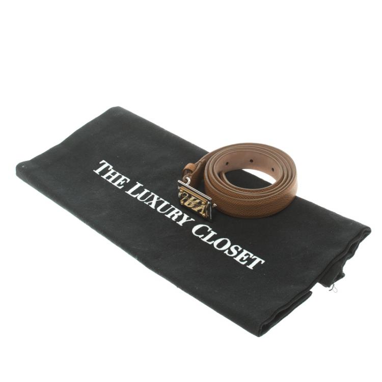 Pre Owned Dolce and Gabbana Brown Leather Logo Plaque Skinny Belt 80 CM