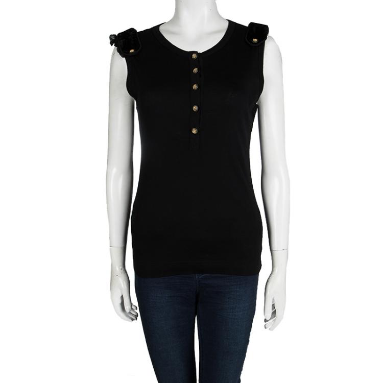 Pre Owned Dolce and Gabbana Black Cotton Velvet Epaulette Detail Sleeveless Top M