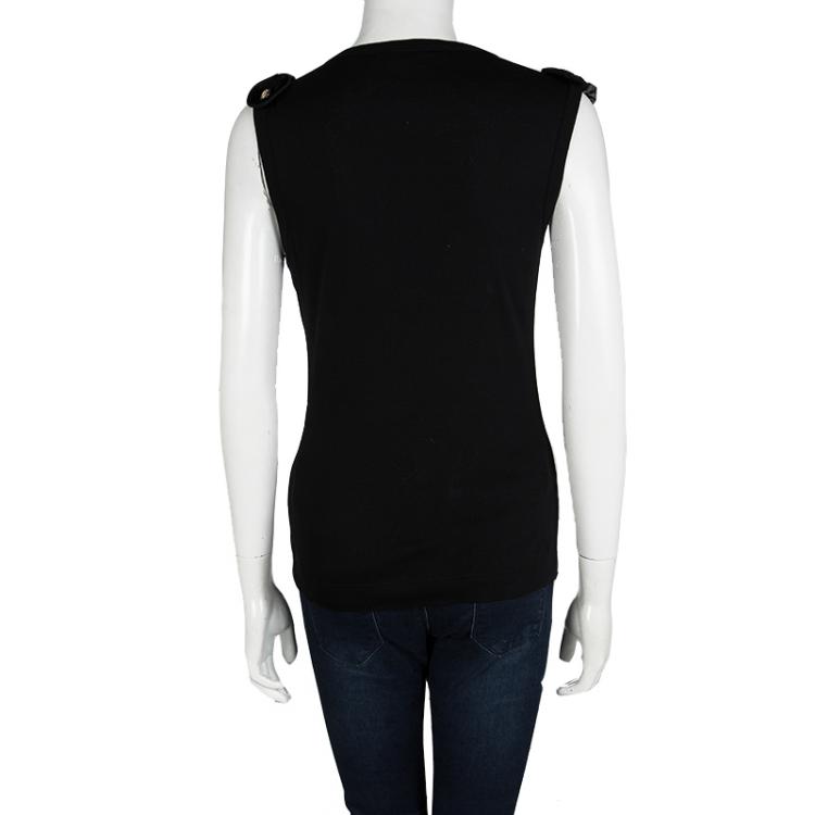 Pre Owned Dolce and Gabbana Black Cotton Velvet Epaulette Detail Sleeveless Top M