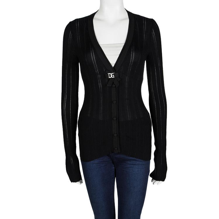 Pre Owned Dolce and Gabbana Black Rib Knit Logo Bow Detail Cardigan M