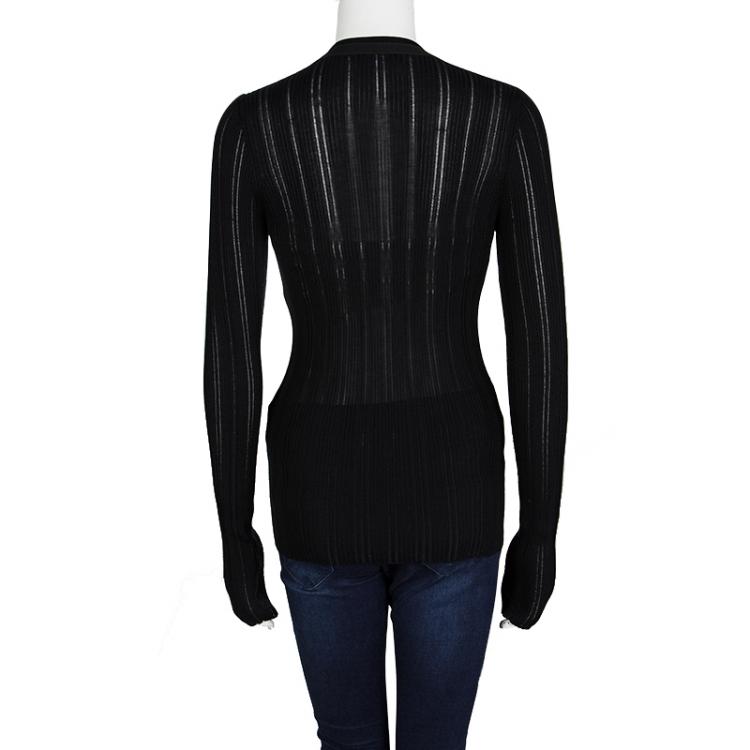 Pre Owned Dolce and Gabbana Black Rib Knit Logo Bow Detail Cardigan M