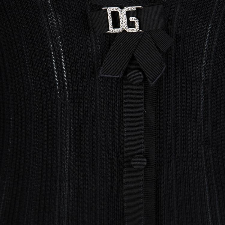 Pre Owned Dolce and Gabbana Black Rib Knit Logo Bow Detail Cardigan M