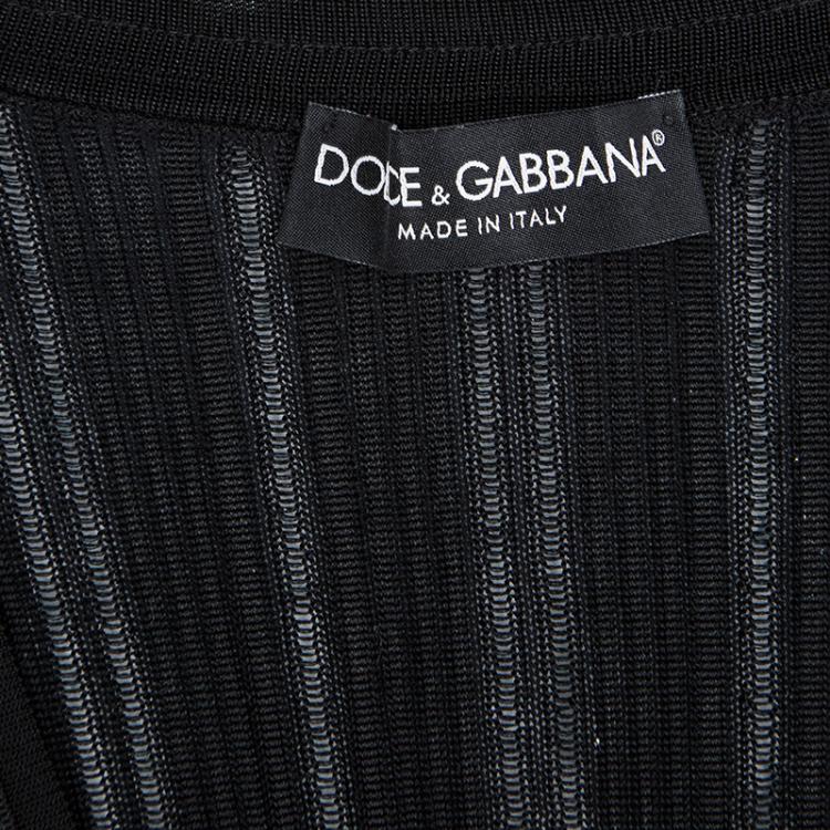 Pre Owned Dolce and Gabbana Black Rib Knit Logo Bow Detail Cardigan M