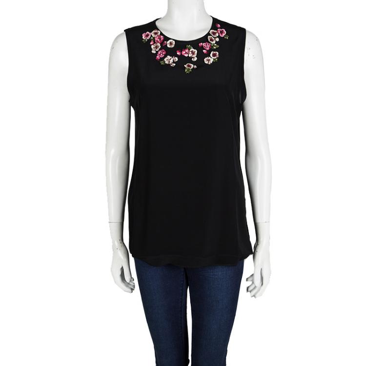 Pre Owned Dolce and Gabbana Black Silk Floral Applique Detail Sleeveless Top M