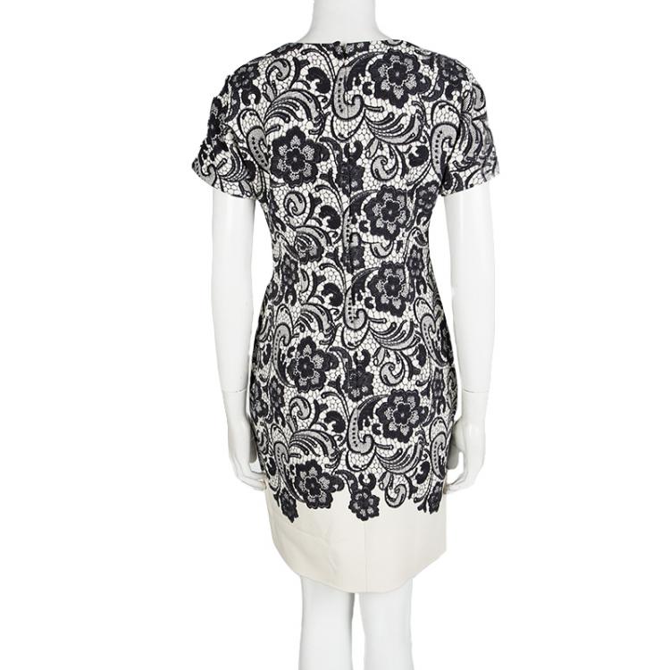 Pre Owned Dolce and Gabbana Monochrome Lace Print Short Sleeve Sheath Dress M