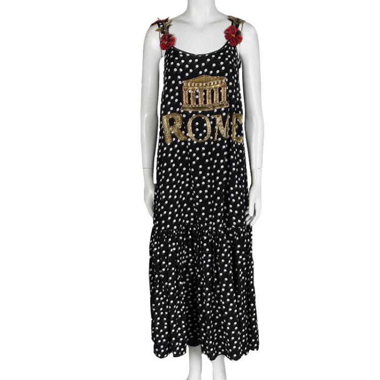 Pre Owned Dolce and Gabbana Black Polka Dot Silk Rome Embellished Dress M 