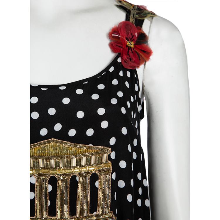 Pre Owned Dolce and Gabbana Black Polka Dot Silk Rome Embellished Dress M 