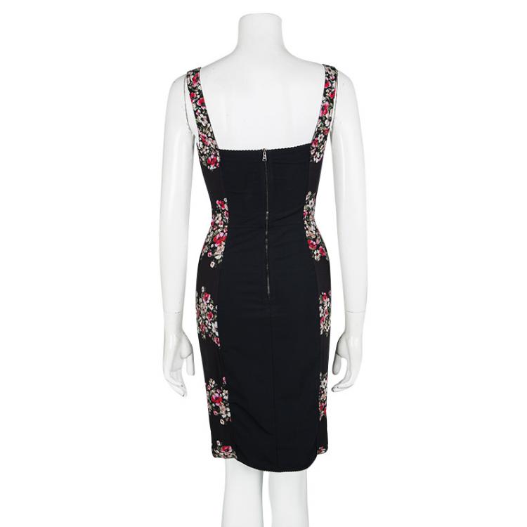 Pre Owned Dolce and Gabbana Black Floral Print Sleeveless Bodycon Dress XS
