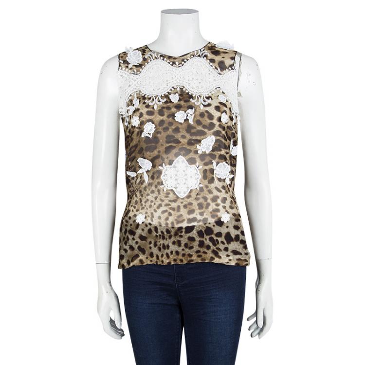 Pre Owned Dolce and Gabbana Leopard Printed Silk Contrast Lace Insert Sleeveless Top S 