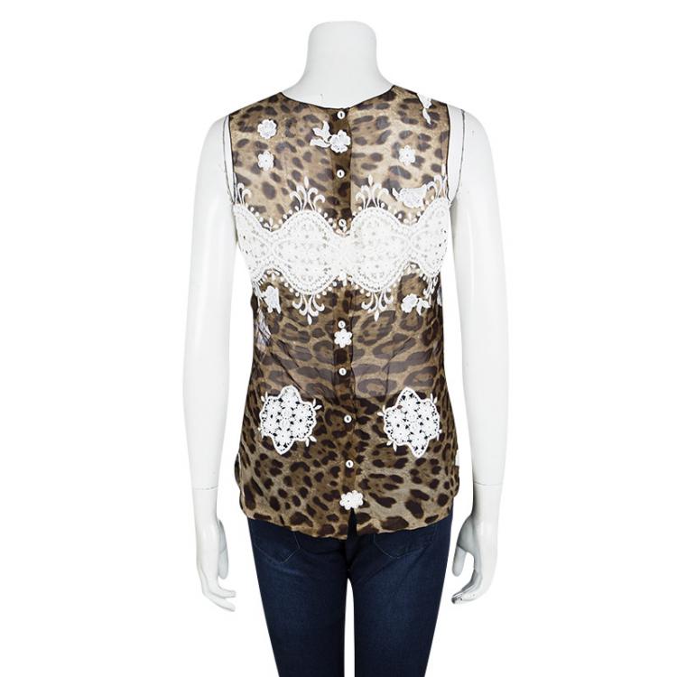 Pre Owned Dolce and Gabbana Leopard Printed Silk Contrast Lace Insert Sleeveless Top S 