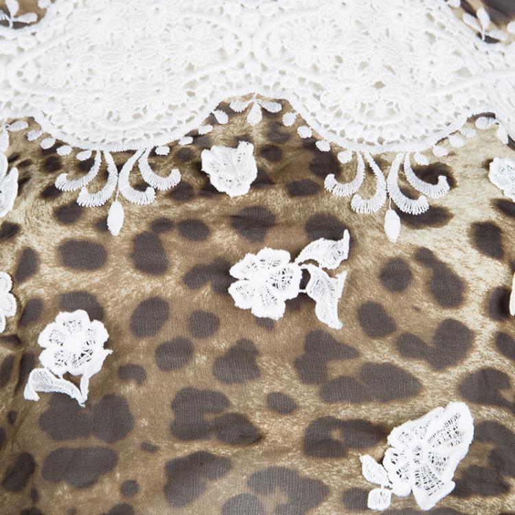 Pre Owned Dolce and Gabbana Leopard Printed Silk Contrast Lace Insert Sleeveless Top S 