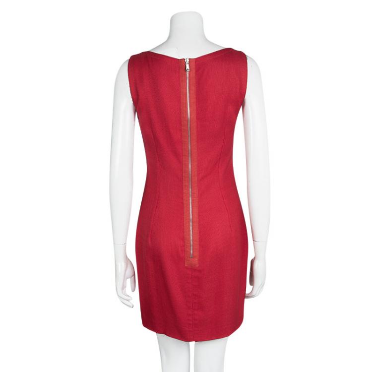 Pre Owned Dolce and Gabbana Red Textured Sleeveless V Neck Sheath Dress M
