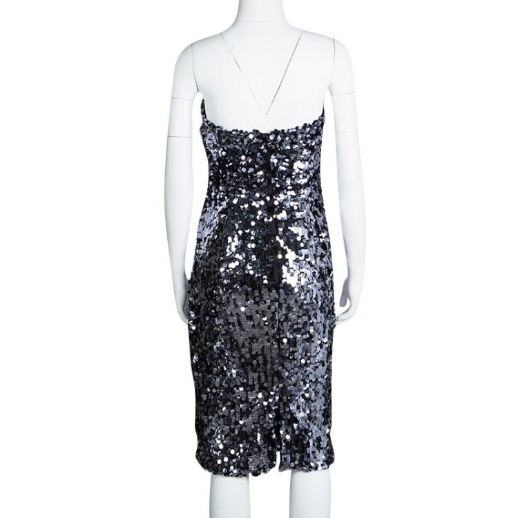 Pre Owned Dolce and Gabbana Silver Sequin Paillette Embellished Ruched Strapless Dress M