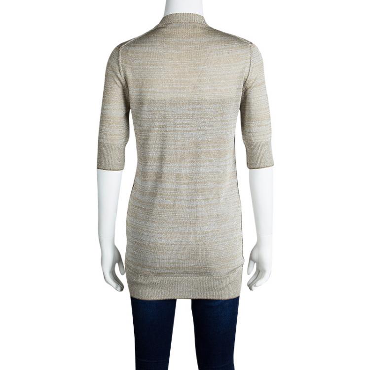 Pre Owned Dolce and Gabbana Beige Striped Lurex Knit Short Sleeve Cardigan S