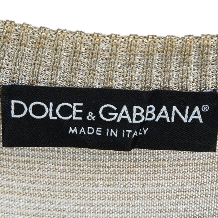 Pre Owned Dolce and Gabbana Beige Striped Lurex Knit Short Sleeve Cardigan S