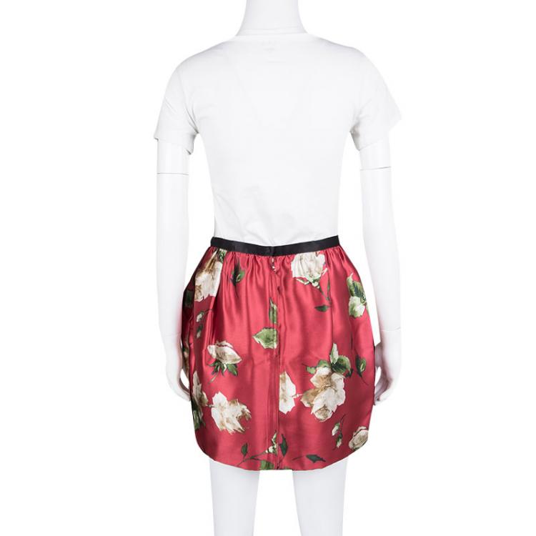 Pre Owned Dolce and Gabbana Red Floral Printed Silk Mini Skirt S