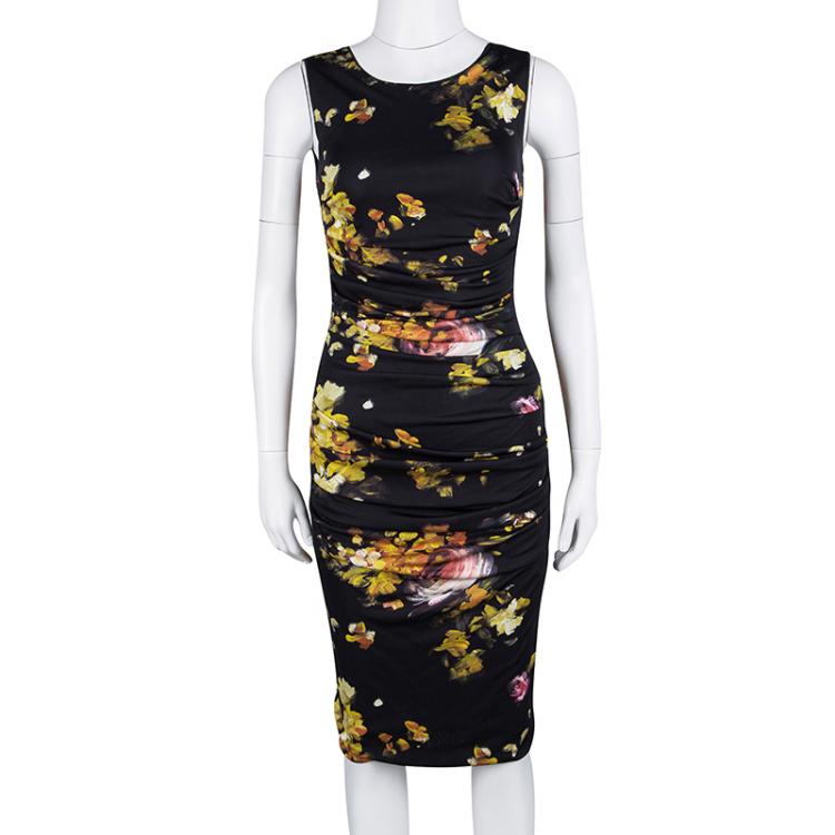 Pre Owned Dolce and Gabbana Black Floral Printed Sleeveless Gathered Dress S