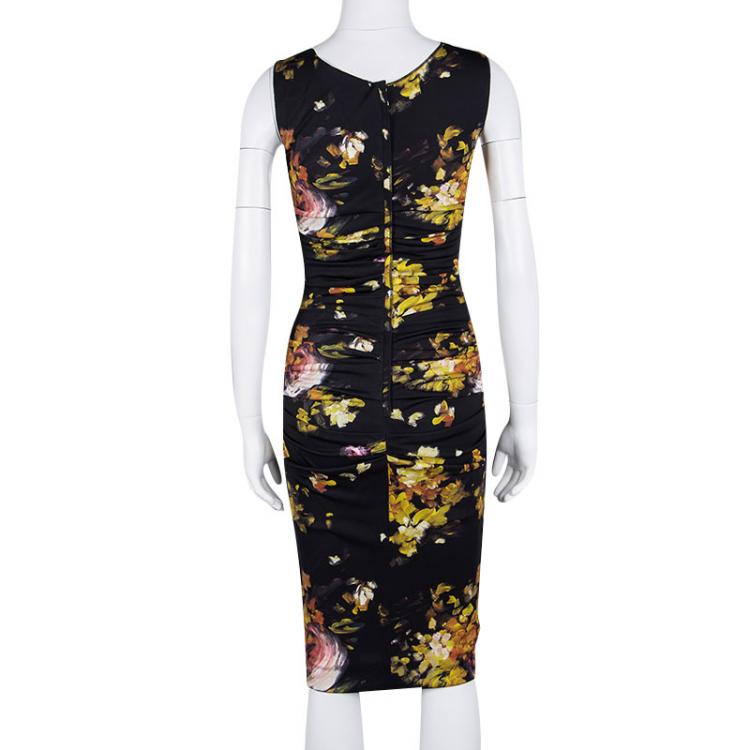 Pre Owned Dolce and Gabbana Black Floral Printed Sleeveless Gathered Dress S
