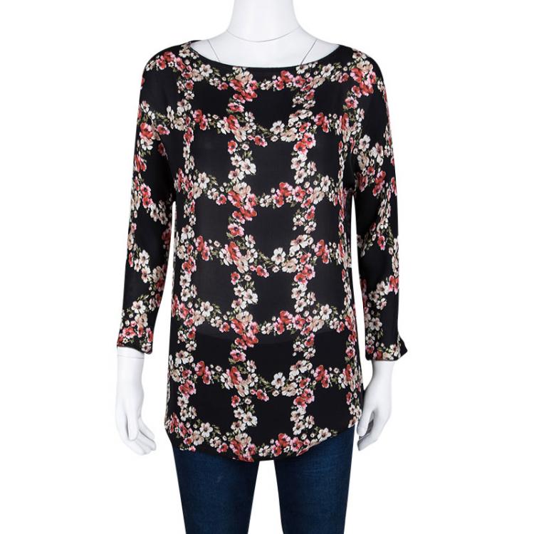 Pre Owned Dolce and Gabbana Black Floral Print Checked Pattern Silk Top S