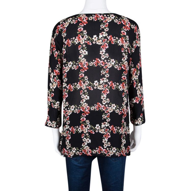 Pre Owned Dolce and Gabbana Black Floral Print Checked Pattern Silk Top S