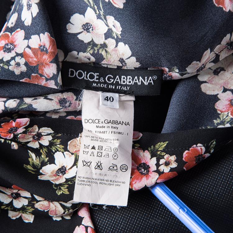 Pre Owned Dolce and Gabbana Black Floral Print Checked Pattern Silk Top S