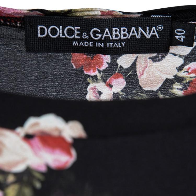 Pre Owned Dolce and Gabbana Black Floral Printed Silk Lace Shoulder Detail Top S