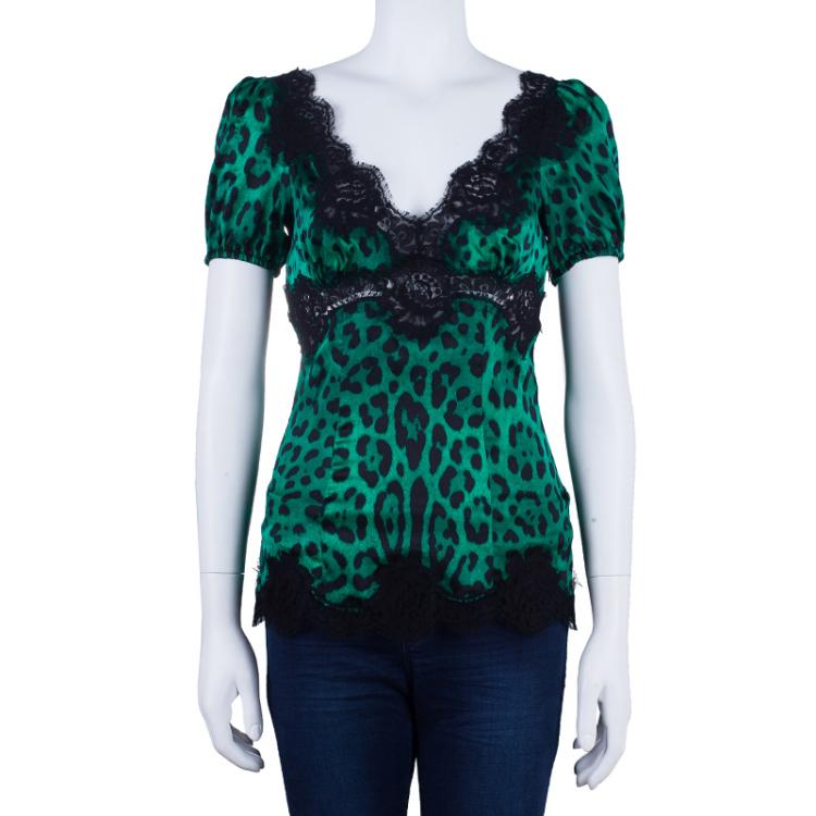 Pre Owned Dolce And Gabbana Green Silk Lepoard Print Top M