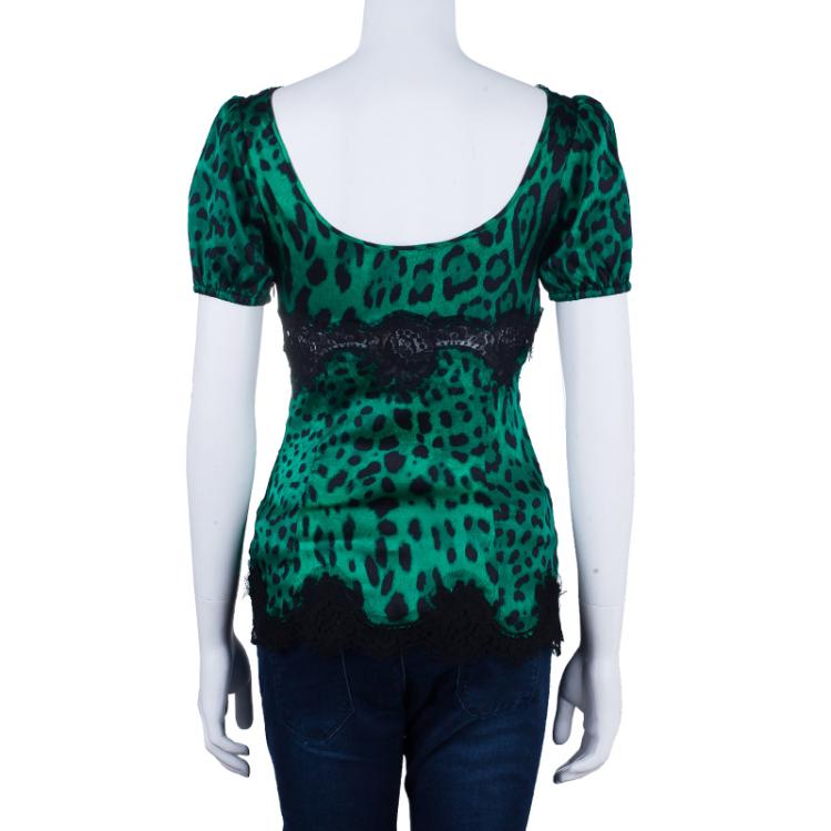 Pre Owned Dolce And Gabbana Green Silk Lepoard Print Top M