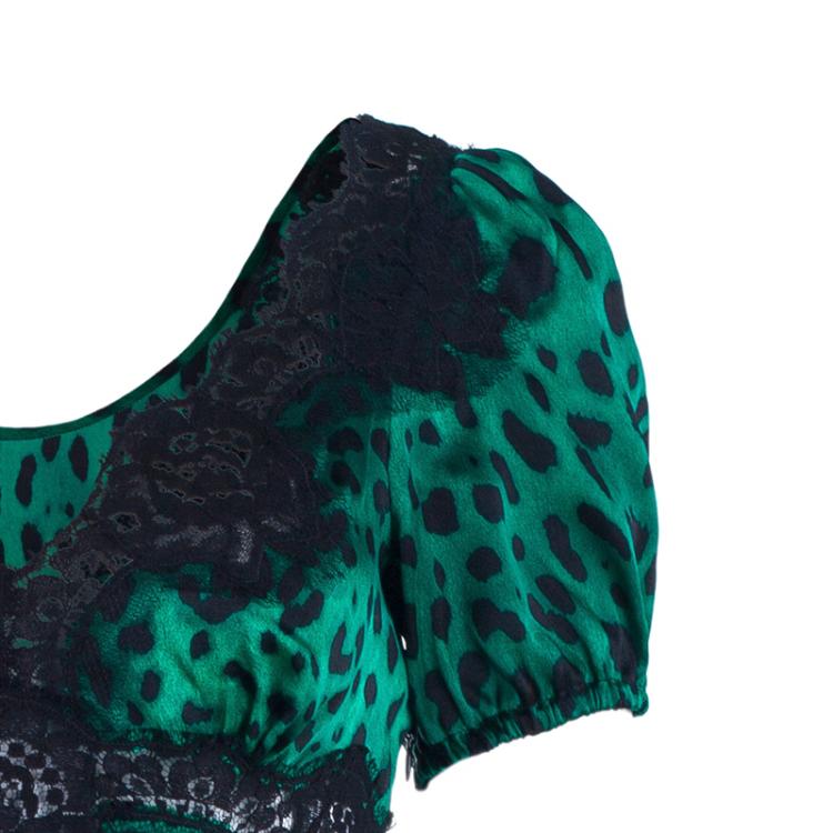 Pre Owned Dolce And Gabbana Green Silk Lepoard Print Top M