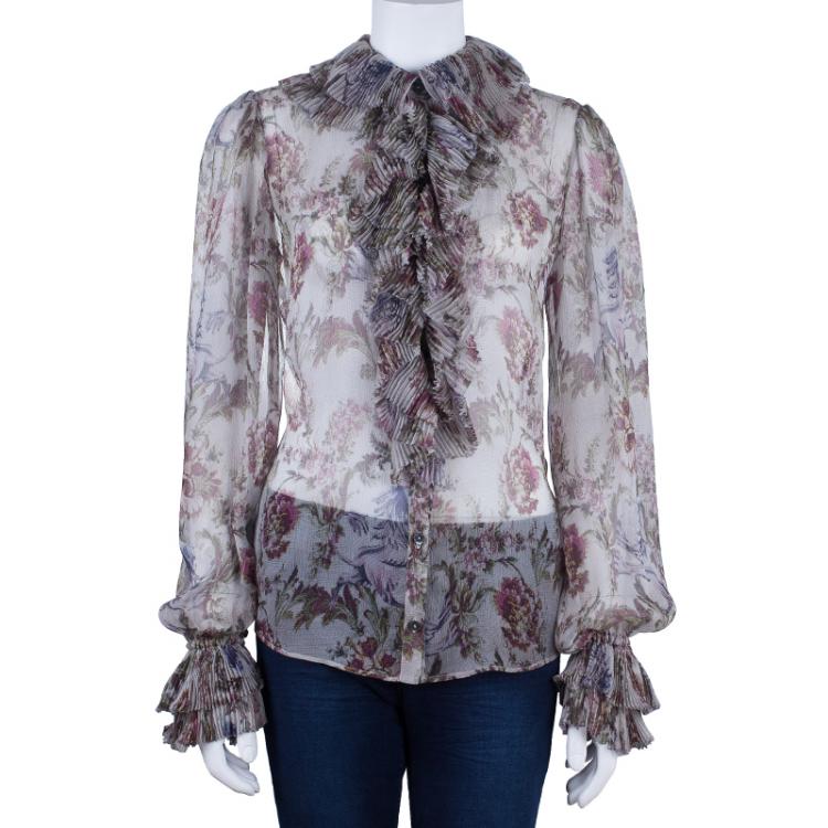 Pre Owned Dolce and Gabbana Floral Chiffon Pleated Blouse M