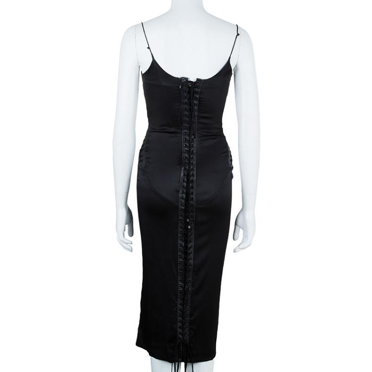 Pre Owned Dolce and Gabbana Black Leather Trim Lace-up Dress S