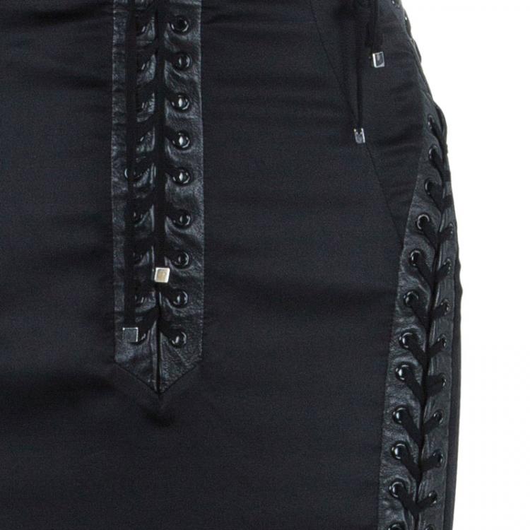 Pre Owned Dolce and Gabbana Black Leather Trim Lace-up Dress S