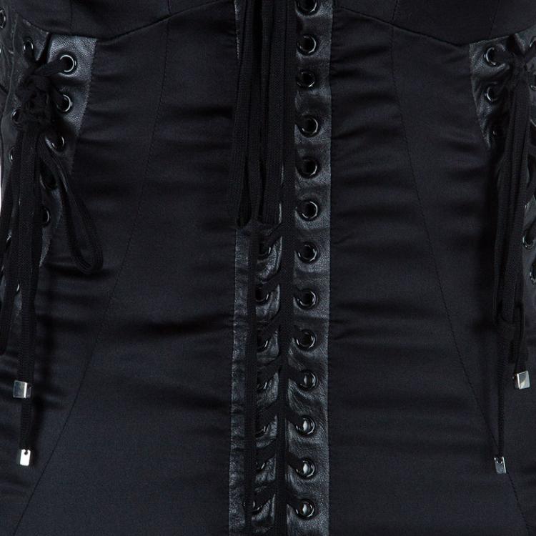 Pre Owned Dolce and Gabbana Black Leather Trim Lace-up Dress S