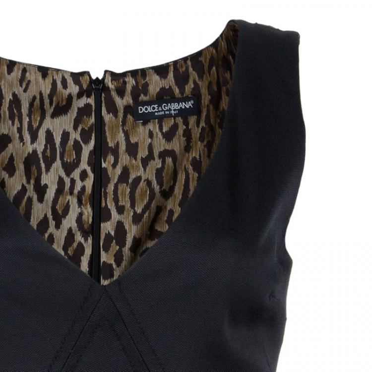 Pre Owned Dolce and Gabbana Black Sleeveless Leopard Print Inset Dress M