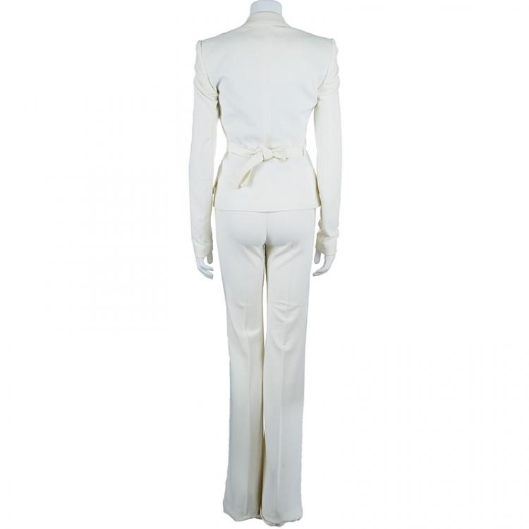 Pre Owned Dolce and Gabbana Off-White Striped Pant Suit S