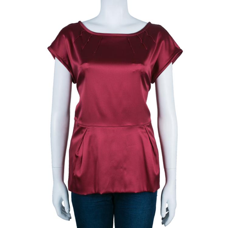 Pre Owned Dolce and Gabbana Red Satin Short Sleeve Top M