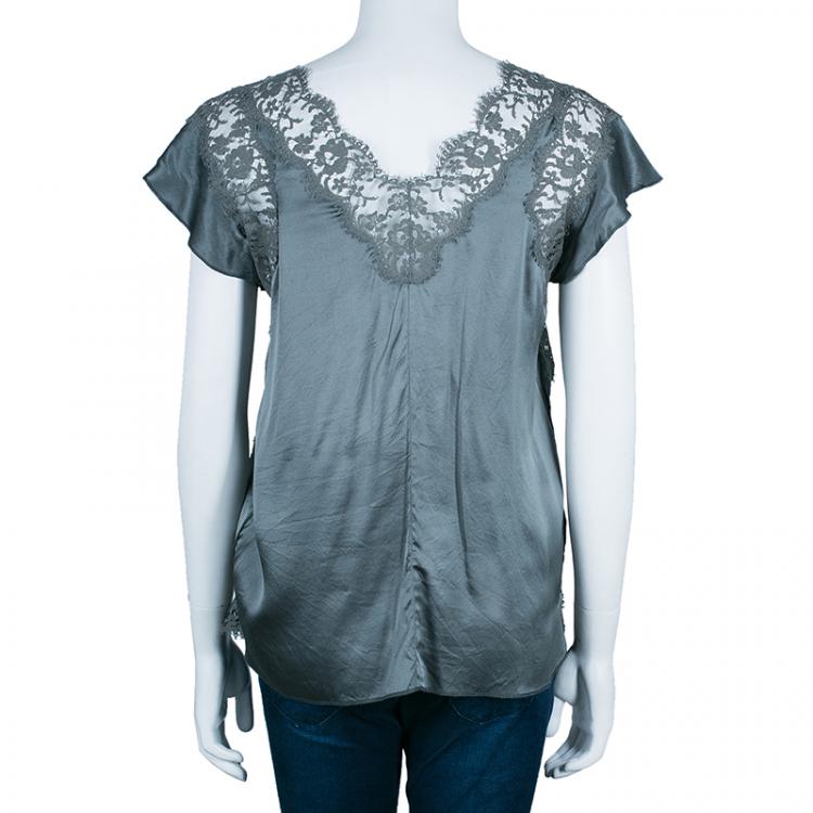 Pre Owned Dolce And Gabbana Green Silk Lace Top S