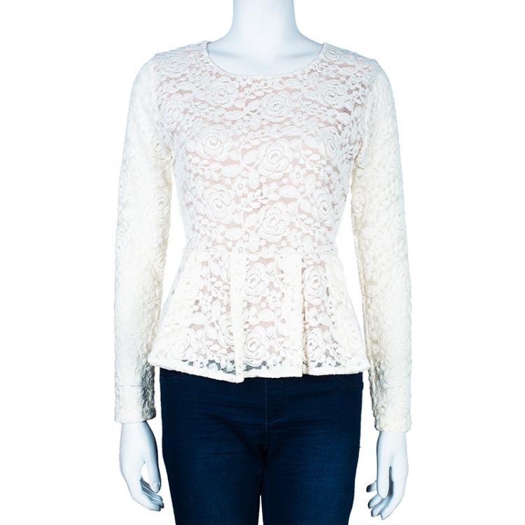 Pre Owned Dolce and Gabbana Cream Lace Peplum Top M
