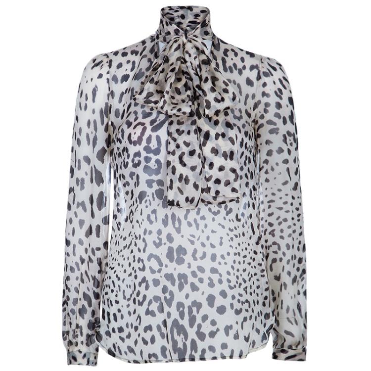 Pre Owned Dolce & Gabbana Off-White Leopard Print Silk Blouse