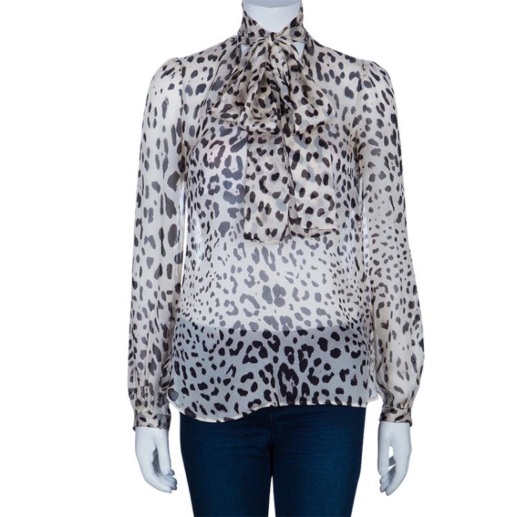 Pre Owned Dolce & Gabbana Off-White Leopard Print Silk Blouse