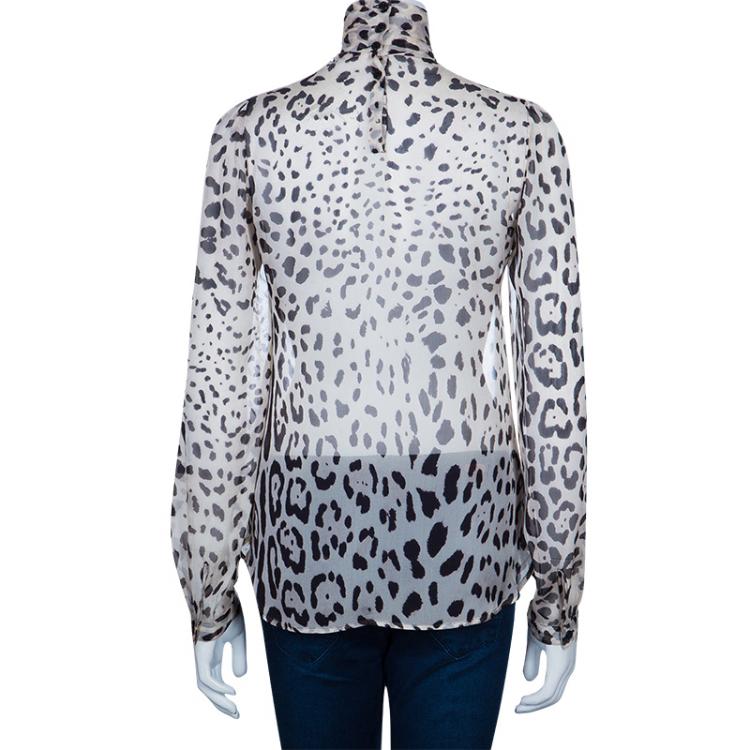 Pre Owned Dolce & Gabbana Off-White Leopard Print Silk Blouse