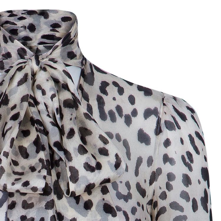 Pre Owned Dolce & Gabbana Off-White Leopard Print Silk Blouse