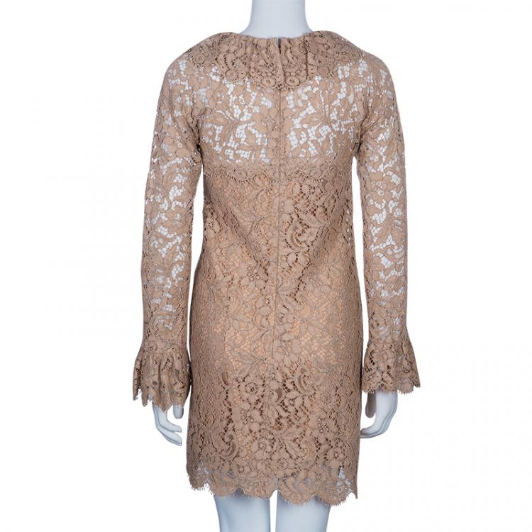 Pre Owned Dolce and Gabbana Beige Long Sleeve Lace Dress S